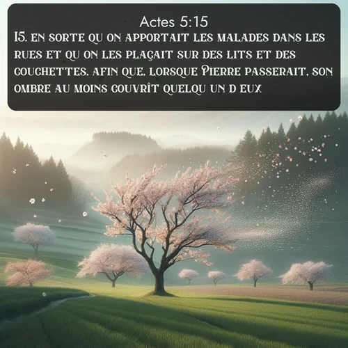 Segond Actes  ; image nature: image avec le verset biblique :en sorte qu&#039;on apportait les malades dans les rues et qu&#039;on les plaçait sur des lits et des couchettes, afin que, lorsque Pierre passerait, son ombre au moins couvrît quelqu&#039;un d&#039;eux. ;  ; 5:15