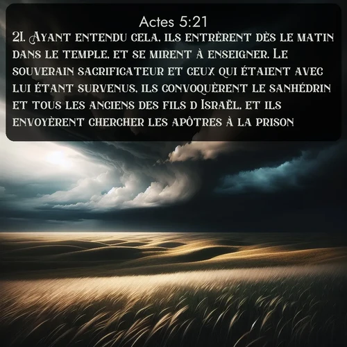 Segond Actes  ; image nature: image avec le verset biblique :Ayant entendu cela, ils entrèrent dès le matin dans le temple, et se mirent à enseigner. Le souverain sacrificateur et ceux qui étaient avec lui étant survenus, ils convoquèrent le sanhédrin et tous les anciens des fils d&#039;Israël, et ils envoyèrent chercher les apôtres à la prison. ;  ; 5:21