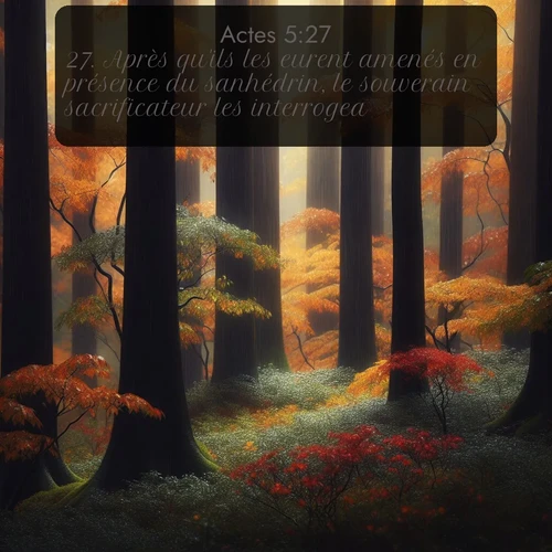 Segond Actes  ; image nature: image avec le verset biblique :Après qu&#039;ils les eurent amenés en présence du sanhédrin, le souverain sacrificateur les interrogea ;  ; 5:27