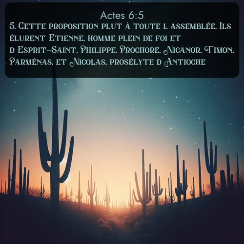 Segond Actes  ; image nature: image avec le verset biblique :Cette proposition plut à toute l&#039;assemblée. Ils élurent Etienne, homme plein de foi et d&#039;Esprit-Saint, Philippe, Prochore, Nicanor, Timon, Parménas, et Nicolas, prosélyte d&#039;Antioche. ;  ; 6:5