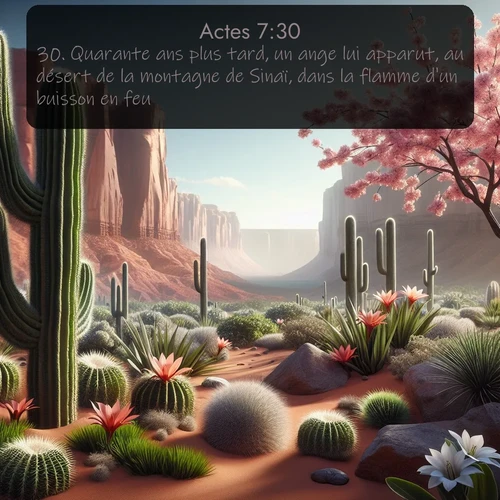 Segond Actes  ; image nature: image avec le verset biblique :Quarante ans plus tard, un ange lui apparut, au désert de la montagne de Sinaï, dans la flamme d&#039;un buisson en feu. ;  ; 7:30