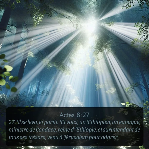 Segond Actes  ; image nature: image avec le verset biblique :Il se leva, et partit. Et voici, un Ethiopien, un eunuque, ministre de Candace, reine d&#039;Ethiopie, et surintendant de tous ses trésors, venu à Jérusalem pour adorer, ;  ; 8:27