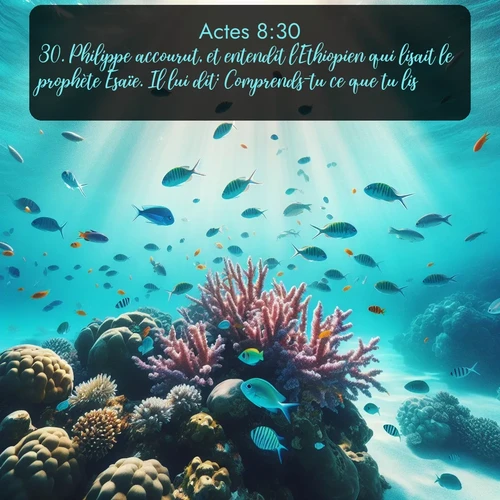 Segond Actes  ; image nature: image avec le verset biblique :Philippe accourut, et entendit l&#039;Ethiopien qui lisait le prophète Esaïe. Il lui dit: Comprends-tu ce que tu lis? ;  ; 8:30