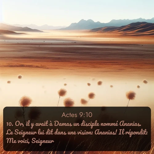 Segond Actes  ; image nature: image avec le verset biblique :Or, il y avait à Damas un disciple nommé Ananias. Le Seigneur lui dit dans une vision: Ananias! Il répondit: Me voici, Seigneur! ;  ; 9:10