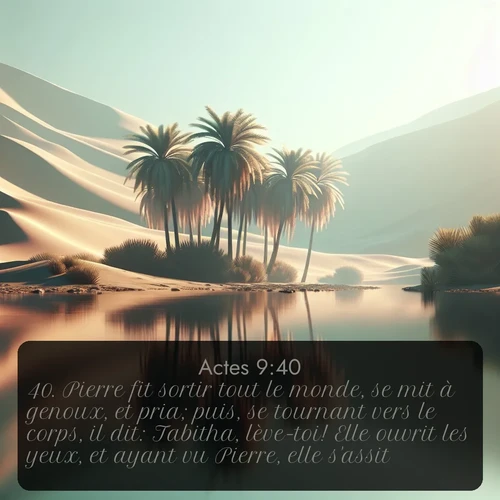 Segond Actes  ; image nature: image avec le verset biblique :Pierre fit sortir tout le monde, se mit à genoux, et pria; puis, se tournant vers le corps, il dit: Tabitha, lève-toi! Elle ouvrit les yeux, et ayant vu Pierre, elle s&#039;assit. ;  ; 9:40