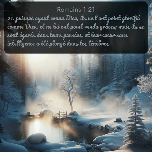 Segond Romains  ; image nature: image avec le verset biblique :puisque ayant connu Dieu, ils ne l&#039;ont point glorifié comme Dieu, et ne lui ont point rendu grâces; mais ils se sont égarés dans leurs pensées, et leur coeur sans intelligence a été plongé dans les ténèbres. ;  ; 1:21