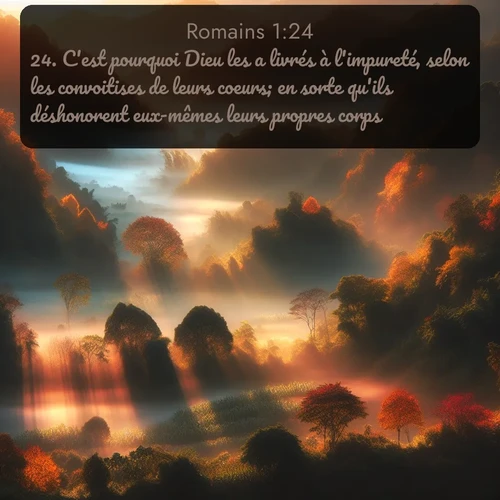Segond Romains  ; image nature: image avec le verset biblique :C&#039;est pourquoi Dieu les a livrés à l&#039;impureté, selon les convoitises de leurs coeurs; en sorte qu&#039;ils déshonorent eux-mêmes leurs propres corps; ;  ; 1:24