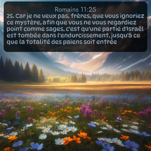Segond Romains  ; image nature: image avec le verset biblique :Car je ne veux pas, frères, que vous ignoriez ce mystère, afin que vous ne vous regardiez point comme sages, c&#039;est qu&#039;une partie d&#039;Israël est tombée dans l&#039;endurcissement, jusqu&#039;à ce que la totalité des païens soit entrée. ;  ; 11:25