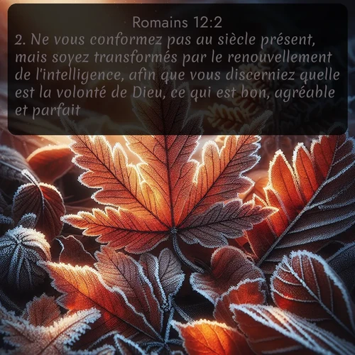 Segond Romains  ; image nature: image avec le verset biblique :Ne vous conformez pas au siècle présent, mais soyez transformés par le renouvellement de l&#039;intelligence, afin que vous discerniez quelle est la volonté de Dieu, ce qui est bon, agréable et parfait. ;  ; 12:2