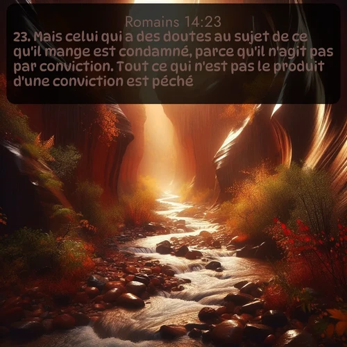 Segond Romains  ; image nature: image avec le verset biblique :Mais celui qui a des doutes au sujet de ce qu&#039;il mange est condamné, parce qu&#039;il n&#039;agit pas par conviction. Tout ce qui n&#039;est pas le produit d&#039;une conviction est péché. ;  ; 14:23