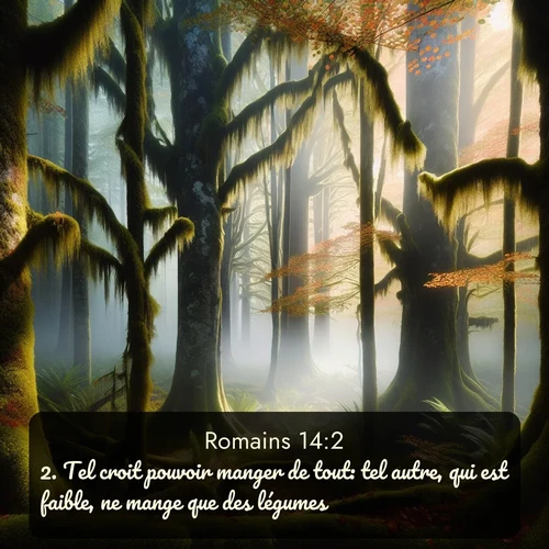 Segond Romains  ; image nature: image avec le verset biblique :Tel croit pouvoir manger de tout: tel autre, qui est faible, ne mange que des légumes. ;  ; 14:2