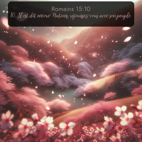 Segond Romains  ; image nature: image avec le verset biblique :Il est dit encore: Nations, réjouissez-vous avec son peuple! ;  ; 15:10