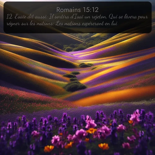 Segond Romains  ; image nature: image avec le verset biblique :Esaïe dit aussi: Il sortira d&#039;Isaï un rejeton, Qui se lèvera pour régner sur les nations; Les nations espéreront en lui. ;  ; 15:12