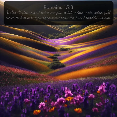 Segond Romains  ; image nature: image avec le verset biblique :Car Christ ne s&#039;est point complu en lui-même, mais, selon qu&#039;il est écrit: Les outrages de ceux qui t&#039;insultent sont tombés sur moi. ;  ; 15:3