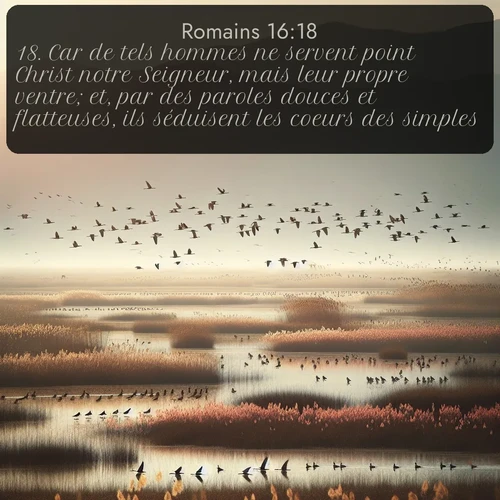 Segond Romains  ; image nature: image avec le verset biblique :Car de tels hommes ne servent point Christ notre Seigneur, mais leur propre ventre; et, par des paroles douces et flatteuses, ils séduisent les coeurs des simples. ;  ; 16:18