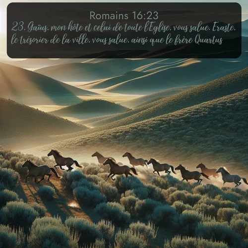 Segond Romains  ; image nature: image avec le verset biblique :Gaïus, mon hôte et celui de toute l&#039;Eglise, vous salue. Eraste, le trésorier de la ville, vous salue, ainsi que le frère Quartus. ;  ; 16:23