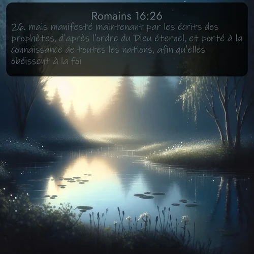 Segond Romains  ; image nature: image avec le verset biblique :mais manifesté maintenant par les écrits des prophètes, d&#039;après l&#039;ordre du Dieu éternel, et porté à la connaissance de toutes les nations, afin qu&#039;elles obéissent à la foi, ;  ; 16:26