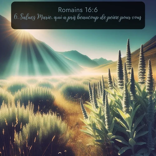 Segond Romains  ; image nature: image avec le verset biblique :Saluez Marie, qui a pris beaucoup de peine pour vous. ;  ; 16:6
