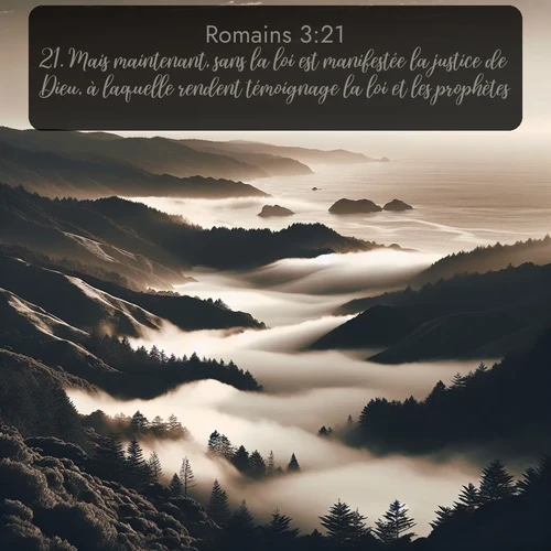 Segond Romains  ; image nature: image avec le verset biblique :Mais maintenant, sans la loi est manifestée la justice de Dieu, à laquelle rendent témoignage la loi et les prophètes, ;  ; 3:21