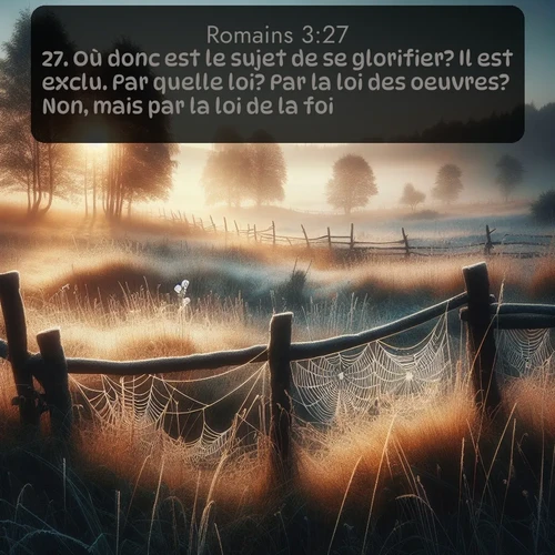 Segond Romains  ; image nature: image avec le verset biblique :Où donc est le sujet de se glorifier? Il est exclu. Par quelle loi? Par la loi des oeuvres? Non, mais par la loi de la foi. ;  ; 3:27
