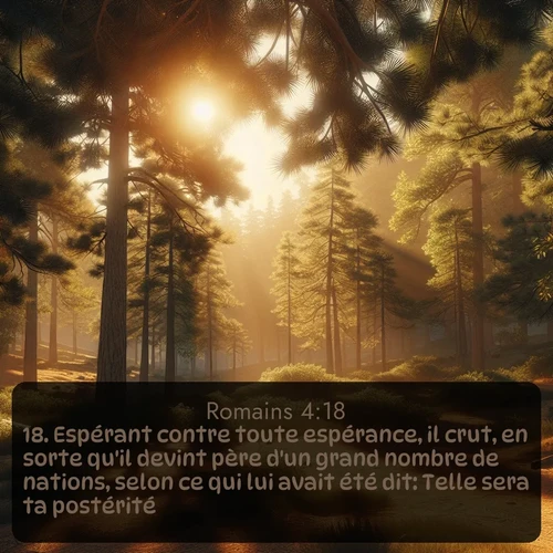 Segond Romains  ; image nature: image avec le verset biblique :Espérant contre toute espérance, il crut, en sorte qu&#039;il devint père d&#039;un grand nombre de nations, selon ce qui lui avait été dit: Telle sera ta postérité. ;  ; 4:18