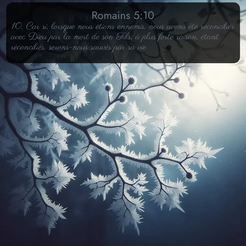 Segond Romains  ; image nature: image avec le verset biblique :Car si, lorsque nous étions ennemis, nous avons été réconciliés avec Dieu par la mort de son Fils, à plus forte raison, étant réconciliés, serons-nous sauvés par sa vie. ;  ; 5:10