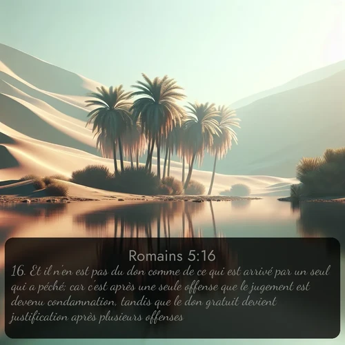 Segond Romains  ; image nature: image avec le verset biblique :Et il n&#039;en est pas du don comme de ce qui est arrivé par un seul qui a péché; car c&#039;est après une seule offense que le jugement est devenu condamnation, tandis que le don gratuit devient justification après plusieurs offenses. ;  ; 5:16