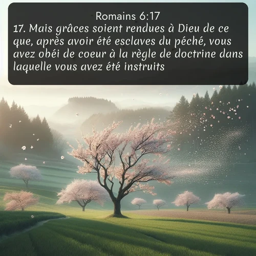 Segond Romains  ; image nature: image avec le verset biblique :Mais grâces soient rendues à Dieu de ce que, après avoir été esclaves du péché, vous avez obéi de coeur à la règle de doctrine dans laquelle vous avez été instruits. ;  ; 6:17