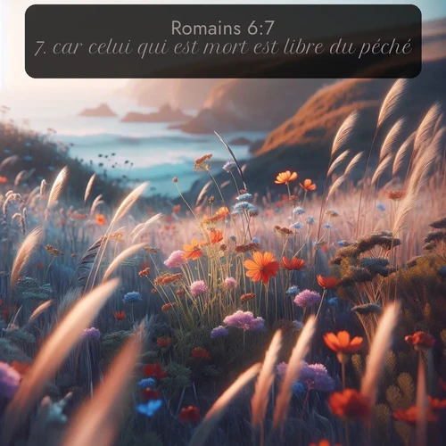 Segond Romains  ; image nature: image avec le verset biblique :car celui qui est mort est libre du péché. ;  ; 6:7