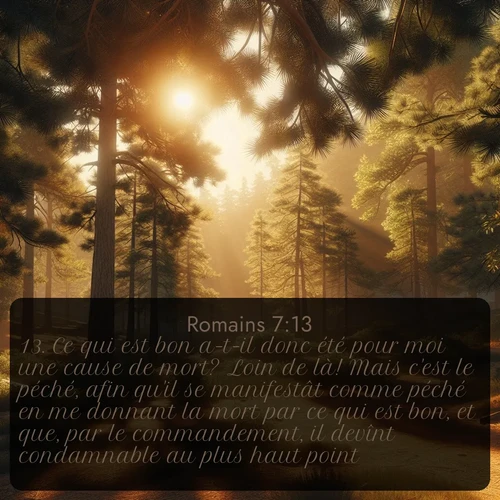 Segond Romains  ; image nature: image avec le verset biblique :Ce qui est bon a-t-il donc été pour moi une cause de mort? Loin de là! Mais c&#039;est le péché, afin qu&#039;il se manifestât comme péché en me donnant la mort par ce qui est bon, et que, par le commandement, il devînt condamnable au plus haut point. ;  ; 7:13