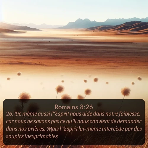 Segond Romains  ; image nature: image avec le verset biblique :De même aussi l&#039;Esprit nous aide dans notre faiblesse, car nous ne savons pas ce qu&#039;il nous convient de demander dans nos prières. Mais l&#039;Esprit lui-même intercède par des soupirs inexprimables; ;  ; 8:26
