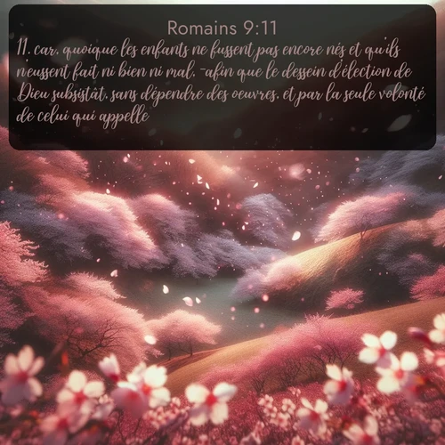 Segond Romains  ; image nature: image avec le verset biblique :car, quoique les enfants ne fussent pas encore nés et qu&#039;ils n&#039;eussent fait ni bien ni mal, -afin que le dessein d&#039;élection de Dieu subsistât, sans dépendre des oeuvres, et par la seule volonté de celui qui appelle, - ;  ; 9:11