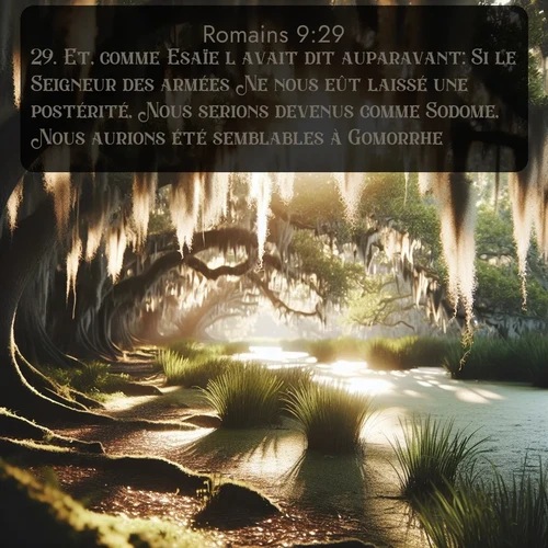 Segond Romains  ; image nature: image avec le verset biblique :Et, comme Esaïe l&#039;avait dit auparavant: Si le Seigneur des armées Ne nous eût laissé une postérité, Nous serions devenus comme Sodome, Nous aurions été semblables à Gomorrhe. ;  ; 9:29