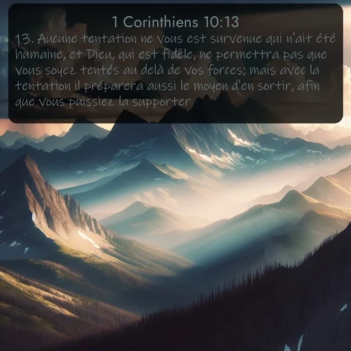 Segond 1 Corinthiens  ; image nature: image avec le verset biblique :Aucune tentation ne vous est survenue qui n&#039;ait été humaine, et Dieu, qui est fidèle, ne permettra pas que vous soyez tentés au delà de vos forces; mais avec la tentation il préparera aussi le moyen d&#039;en sortir, afin que vous puissiez la supporter. ;  ; 10:13