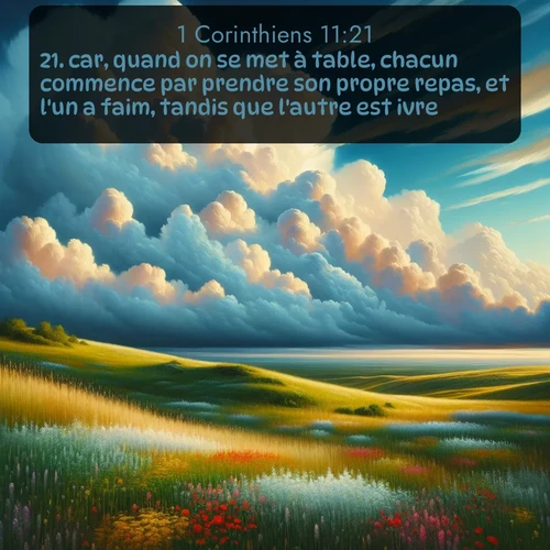 Segond 1 Corinthiens  ; image nature: image avec le verset biblique :car, quand on se met à table, chacun commence par prendre son propre repas, et l&#039;un a faim, tandis que l&#039;autre est ivre. ;  ; 11:21