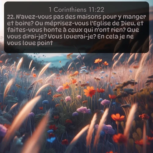 Segond 1 Corinthiens  ; image nature: image avec le verset biblique :N&#039;avez-vous pas des maisons pour y manger et boire? Ou méprisez-vous l&#039;Eglise de Dieu, et faites-vous honte à ceux qui n&#039;ont rien? Que vous dirai-je? Vous louerai-je? En cela je ne vous loue point. ;  ; 11:22