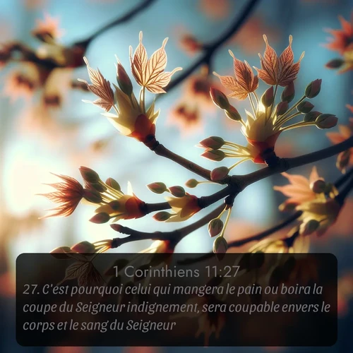 Segond 1 Corinthiens  ; image nature: image avec le verset biblique :C&#039;est pourquoi celui qui mangera le pain ou boira la coupe du Seigneur indignement, sera coupable envers le corps et le sang du Seigneur. ;  ; 11:27