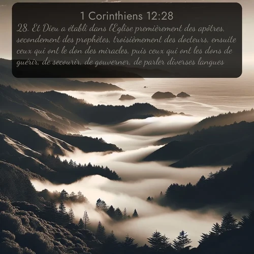Segond 1 Corinthiens  ; image nature: image avec le verset biblique :Et Dieu a établi dans l&#039;Eglise premièrement des apôtres, secondement des prophètes, troisièmement des docteurs, ensuite ceux qui ont le don des miracles, puis ceux qui ont les dons de guérir, de secourir, de gouverner, de parler diverses langues. ;  ; 12:28