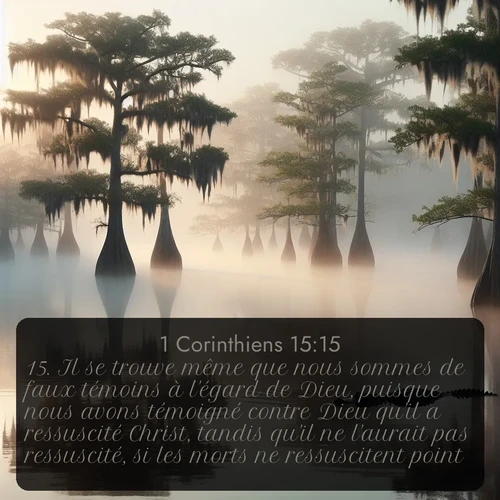 Segond 1 Corinthiens  ; image nature: image avec le verset biblique :Il se trouve même que nous sommes de faux témoins à l&#039;égard de Dieu, puisque nous avons témoigné contre Dieu qu&#039;il a ressuscité Christ, tandis qu&#039;il ne l&#039;aurait pas ressuscité, si les morts ne ressuscitent point. ;  ; 15:15