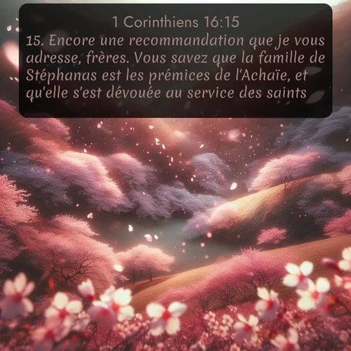 Segond 1 Corinthiens  ; image nature: image avec le verset biblique :Encore une recommandation que je vous adresse, frères. Vous savez que la famille de Stéphanas est les prémices de l&#039;Achaïe, et qu&#039;elle s&#039;est dévouée au service des saints. ;  ; 16:15