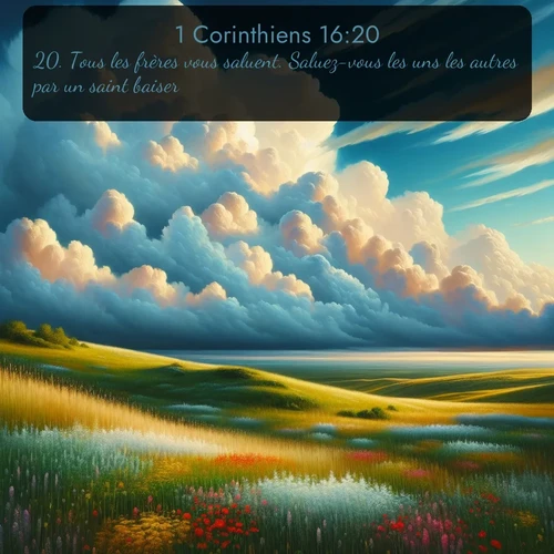 Segond 1 Corinthiens  ; image nature: image avec le verset biblique :Tous les frères vous saluent. Saluez-vous les uns les autres par un saint baiser. ;  ; 16:20