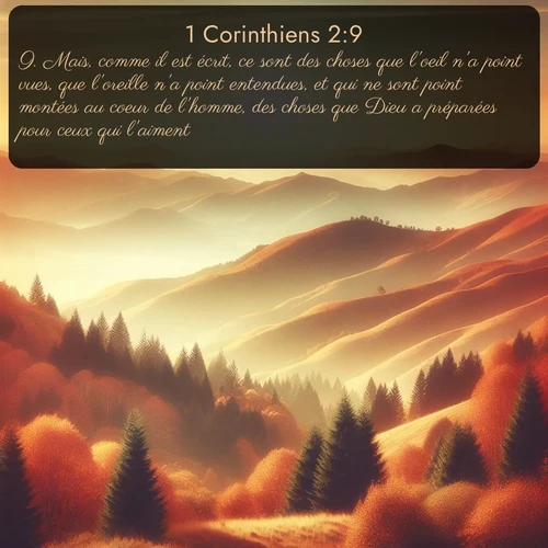 Segond 1 Corinthiens  ; image nature: image avec le verset biblique :Mais, comme il est écrit, ce sont des choses que l&#039;oeil n&#039;a point vues, que l&#039;oreille n&#039;a point entendues, et qui ne sont point montées au coeur de l&#039;homme, des choses que Dieu a préparées pour ceux qui l&#039;aiment. ;  ; 2:9