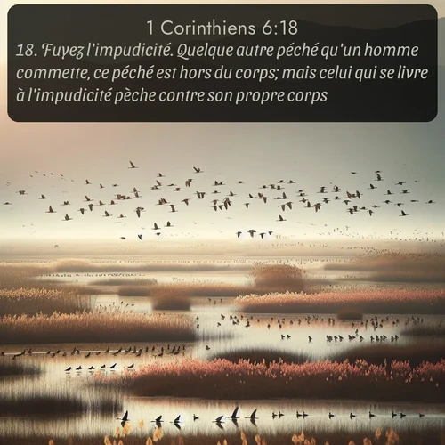 Segond 1 Corinthiens  ; image nature: image avec le verset biblique :Fuyez l&#039;impudicité. Quelque autre péché qu&#039;un homme commette, ce péché est hors du corps; mais celui qui se livre à l&#039;impudicité pèche contre son propre corps. ;  ; 6:18