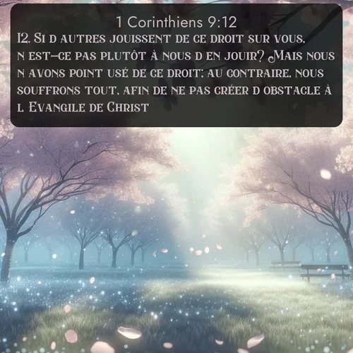 Segond 1 Corinthiens  ; image nature: image avec le verset biblique :Si d&#039;autres jouissent de ce droit sur vous, n&#039;est-ce pas plutôt à nous d&#039;en jouir? Mais nous n&#039;avons point usé de ce droit; au contraire, nous souffrons tout, afin de ne pas créer d&#039;obstacle à l&#039;Evangile de Christ. ;  ; 9:12
