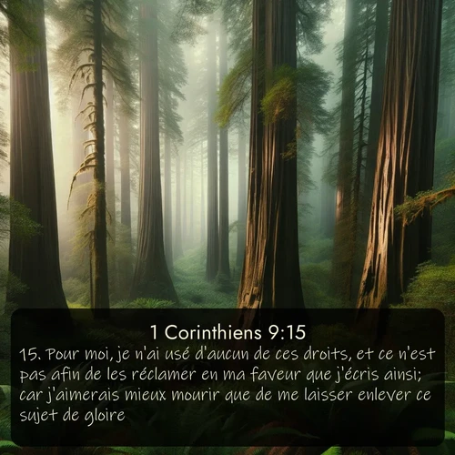 Segond 1 Corinthiens  ; image nature: image avec le verset biblique :Pour moi, je n&#039;ai usé d&#039;aucun de ces droits, et ce n&#039;est pas afin de les réclamer en ma faveur que j&#039;écris ainsi; car j&#039;aimerais mieux mourir que de me laisser enlever ce sujet de gloire. ;  ; 9:15