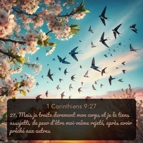Segond 1 Corinthiens  ; image nature: image avec le verset biblique :Mais je traite durement mon corps et je le tiens assujetti, de peur d&#039;être moi-même rejeté, après avoir prêché aux autres. ;  ; 9:27