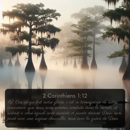Segond 2 Corinthiens  ; image nature: image avec le verset biblique :Car ce qui fait notre gloire, c&#039;est ce témoignage de notre conscience, que nous nous sommes conduits dans le monde, et surtout à votre égard, avec sainteté et pureté devant Dieu, non point avec une sagesse charnelle, mais avec la grâce de Dieu. ;  ; 1:12