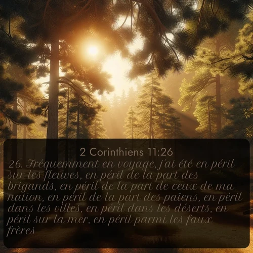 Segond 2 Corinthiens  ; image nature: image avec le verset biblique :Fréquemment en voyage, j&#039;ai été en péril sur les fleuves, en péril de la part des brigands, en péril de la part de ceux de ma nation, en péril de la part des païens, en péril dans les villes, en péril dans les déserts, en péril sur la mer, en péril parmi les faux frères. ;  ; 11:26