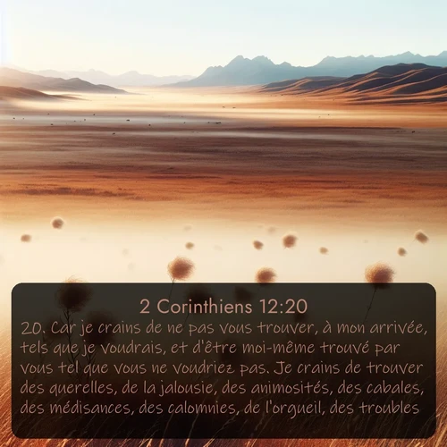 Segond 2 Corinthiens  ; image nature: image avec le verset biblique :Car je crains de ne pas vous trouver, à mon arrivée, tels que je voudrais, et d&#039;être moi-même trouvé par vous tel que vous ne voudriez pas. Je crains de trouver des querelles, de la jalousie, des animosités, des cabales, des médisances, des calomnies, de l&#039;orgueil, des troubles. ;  ; 12:20
