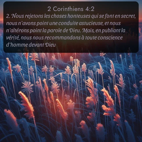 Segond 2 Corinthiens  ; image nature: image avec le verset biblique :Nous rejetons les choses honteuses qui se font en secret, nous n&#039;avons point une conduite astucieuse, et nous n&#039;altérons point la parole de Dieu. Mais, en publiant la vérité, nous nous recommandons à toute conscience d&#039;homme devant Dieu. ;  ; 4:2